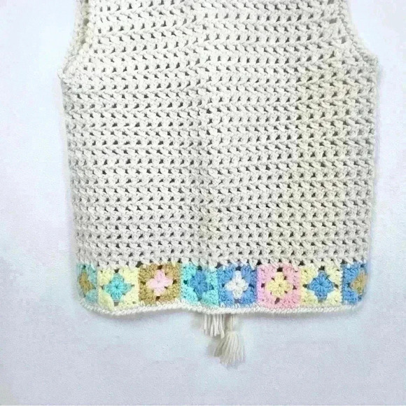 Crochet Cream and Multicolor Granny Square Tie Front with Tassle Wool Boho Vest - Picture 7 of 15